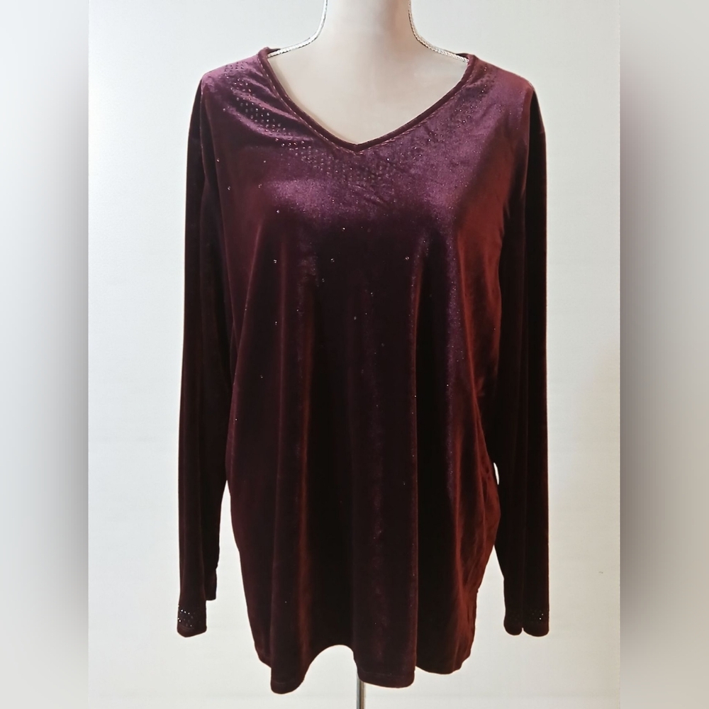 Red Purple Rhinestone Velvet Blouse Vneck Long Sleeve Plus 3x Mature
